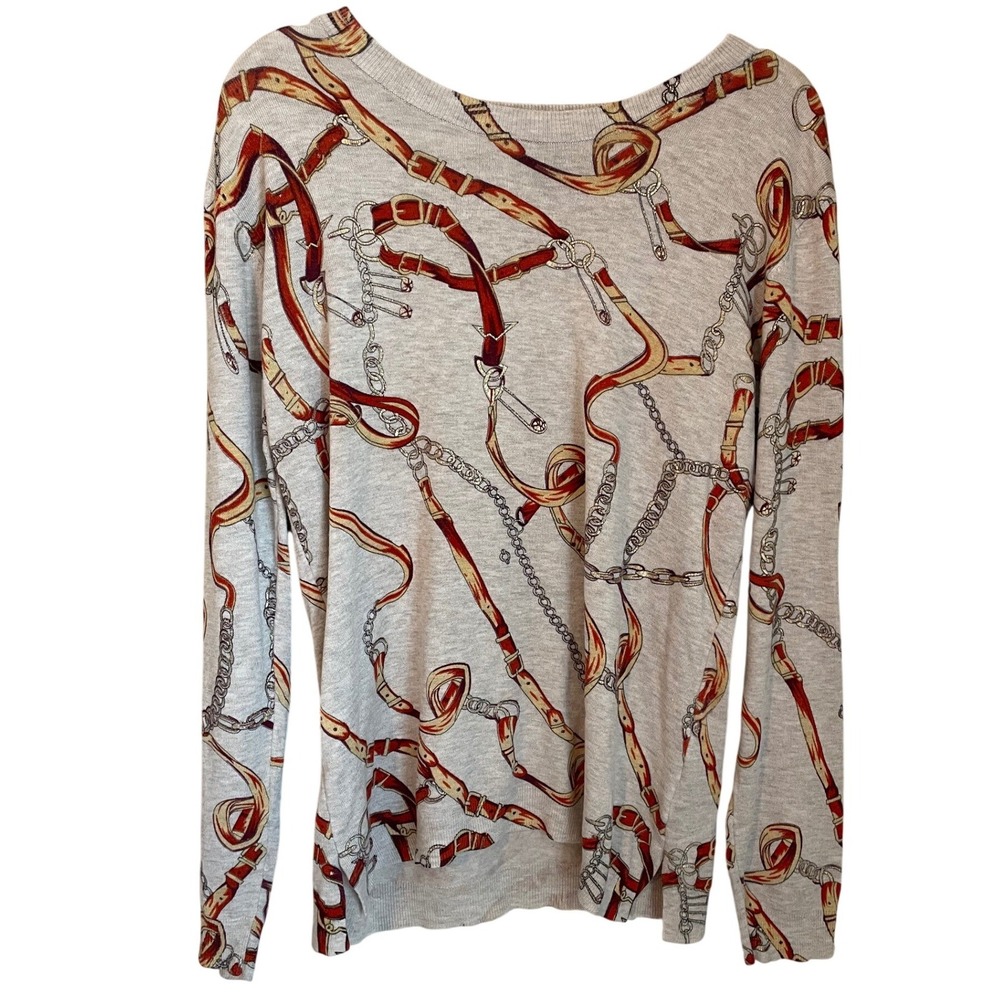 Cliche Equestrian Chain Belt Print Sweater Tan Size M Old Money Heritage Luxury